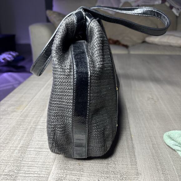 Y2K BANANA REPUBLIC Handbag Woven Faux Patent Leather Trim Black 16X9X3.5” - Picture 2 of 5